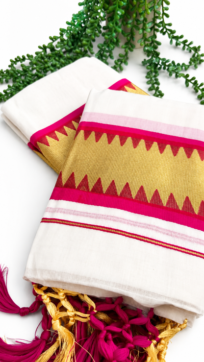 Kerala Set Mundu | Cotton 2-Piece Mundum Neriyathum with Temple Zigzag Border & Tassels