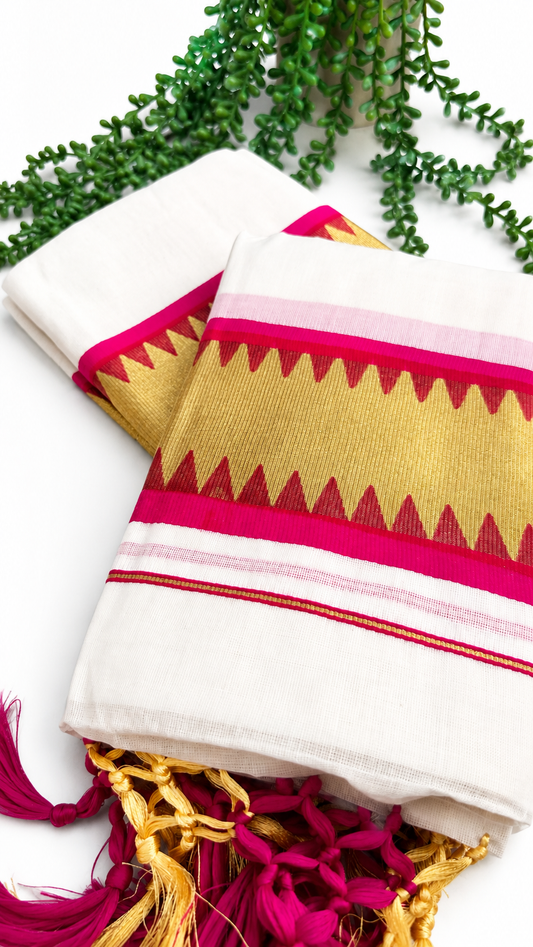 Kerala Set Mundu | Cotton 2-Piece Mundum Neriyathum with Temple Zigzag Border & Tassels