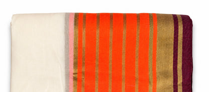 Off-White Mulcotton Saree with Orange & Gold Zari Stripe Border – 120 Count Kerala Cotton Saree