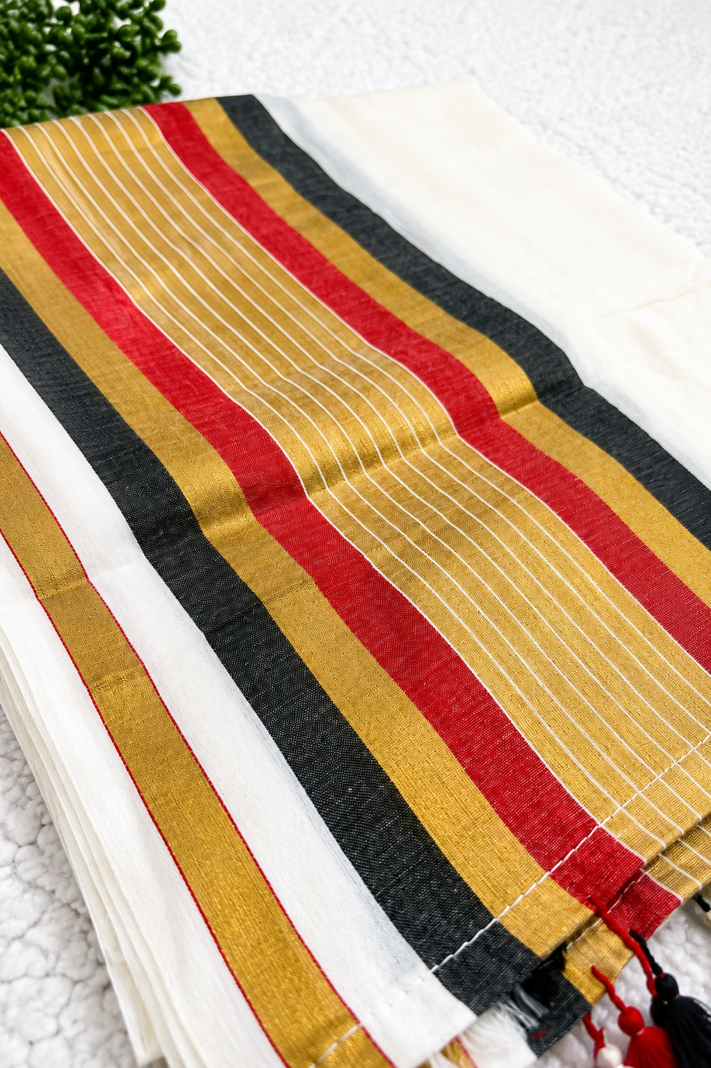 Mulcotton Saree | Cream Saree with Gold, Black, Red & Silver Striped Border | Tasselled Edge Traditional Saree