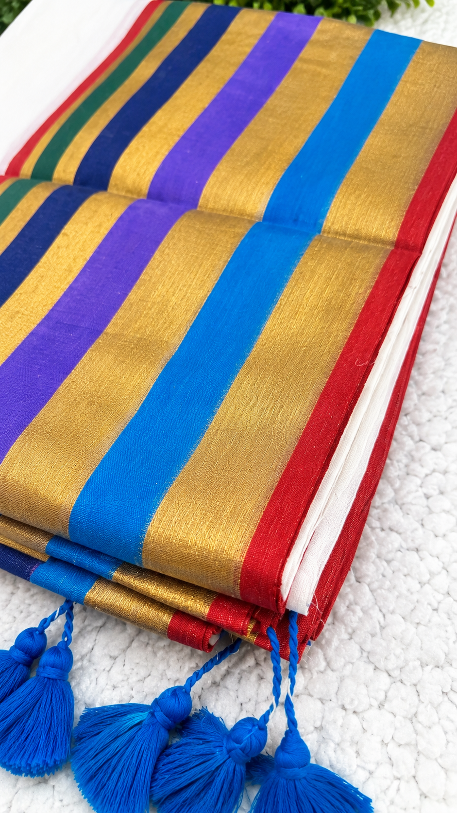 Mulcotton Saree | Cream Saree with Multicolour Striped Gold Zari Border | Tasselled Edge Traditional Saree