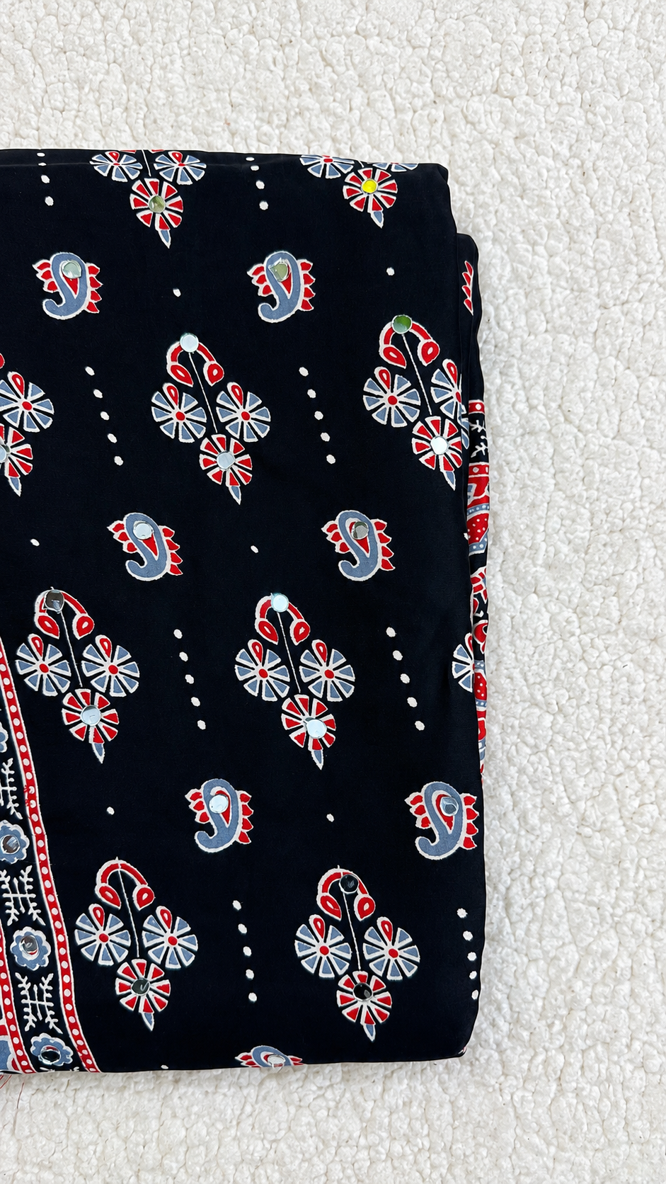 Black Modal Silk Saree with Ajrak Print & Mirror Work