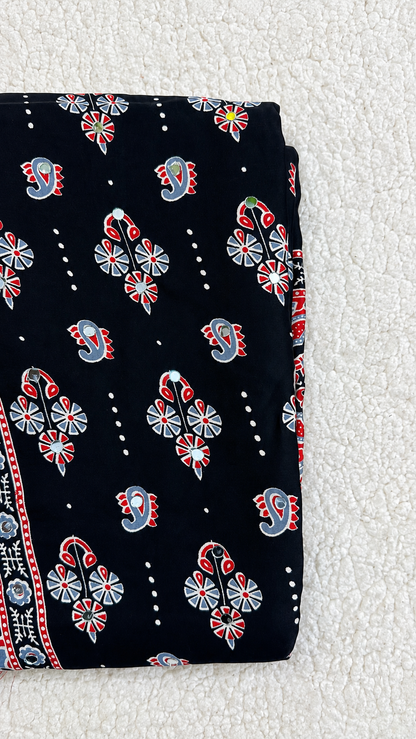 Black Modal Silk Saree with Ajrak Print & Mirror Work