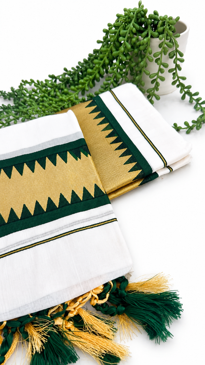 Kerala Set Mundu | Cotton 2-Piece Mundum Neriyathum with Temple Zigzag Border & Tassels