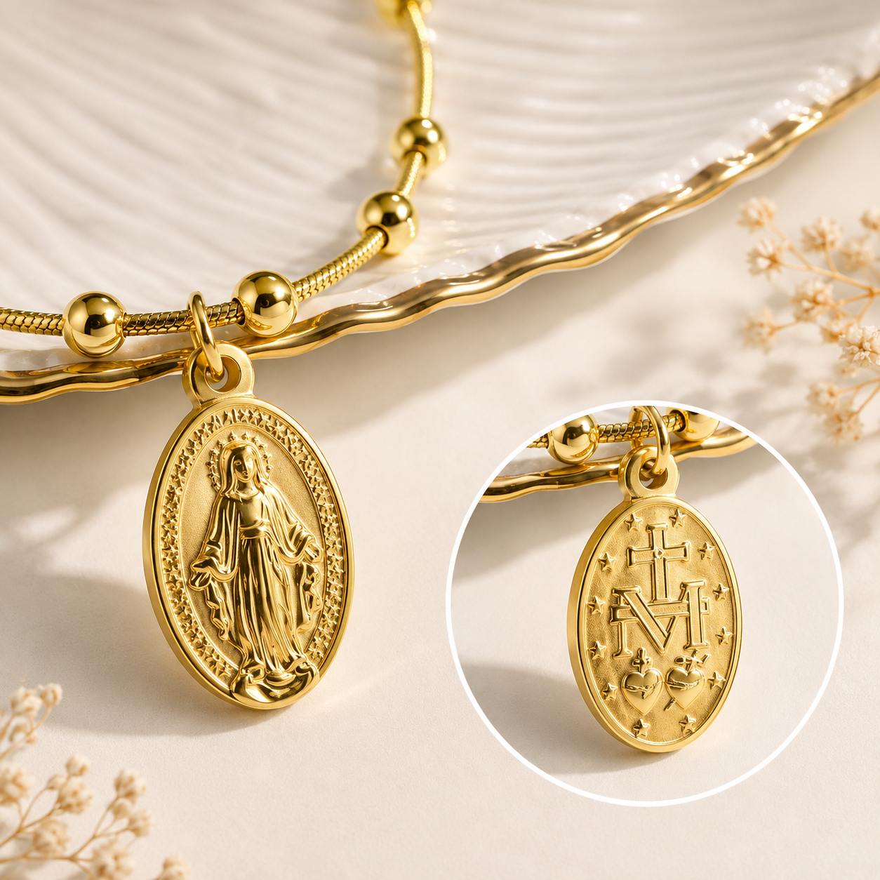 18K Gold Vacuum Plated Stainless Steel Virgin Mary Beaded Charm Bracelet