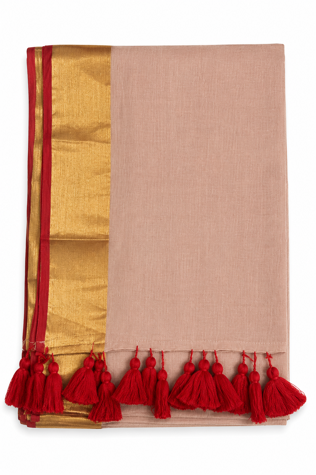 Mul Cotton 120 Count Saree – Peach with Gold Zari & Red Border | Traditional South Indian Saree with Red Tassels