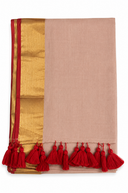 Mul Cotton 120 Count Saree – Peach with Gold Zari & Red Border | Traditional South Indian Saree with Red Tassels
