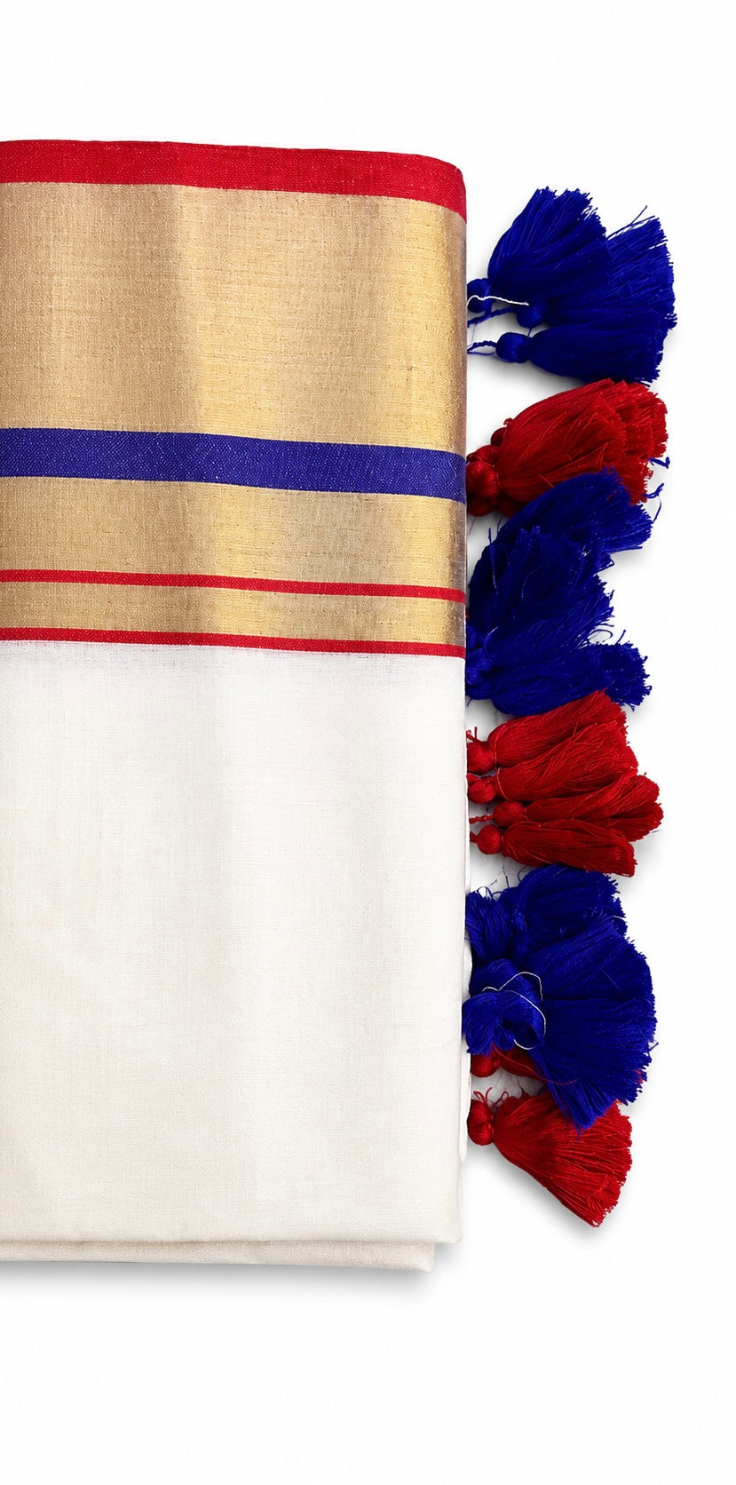 Off-White Mulcotton Saree with Gold Kasavu Border, Blue & Red Tassels – 120 Count Kerala Cotton Saree