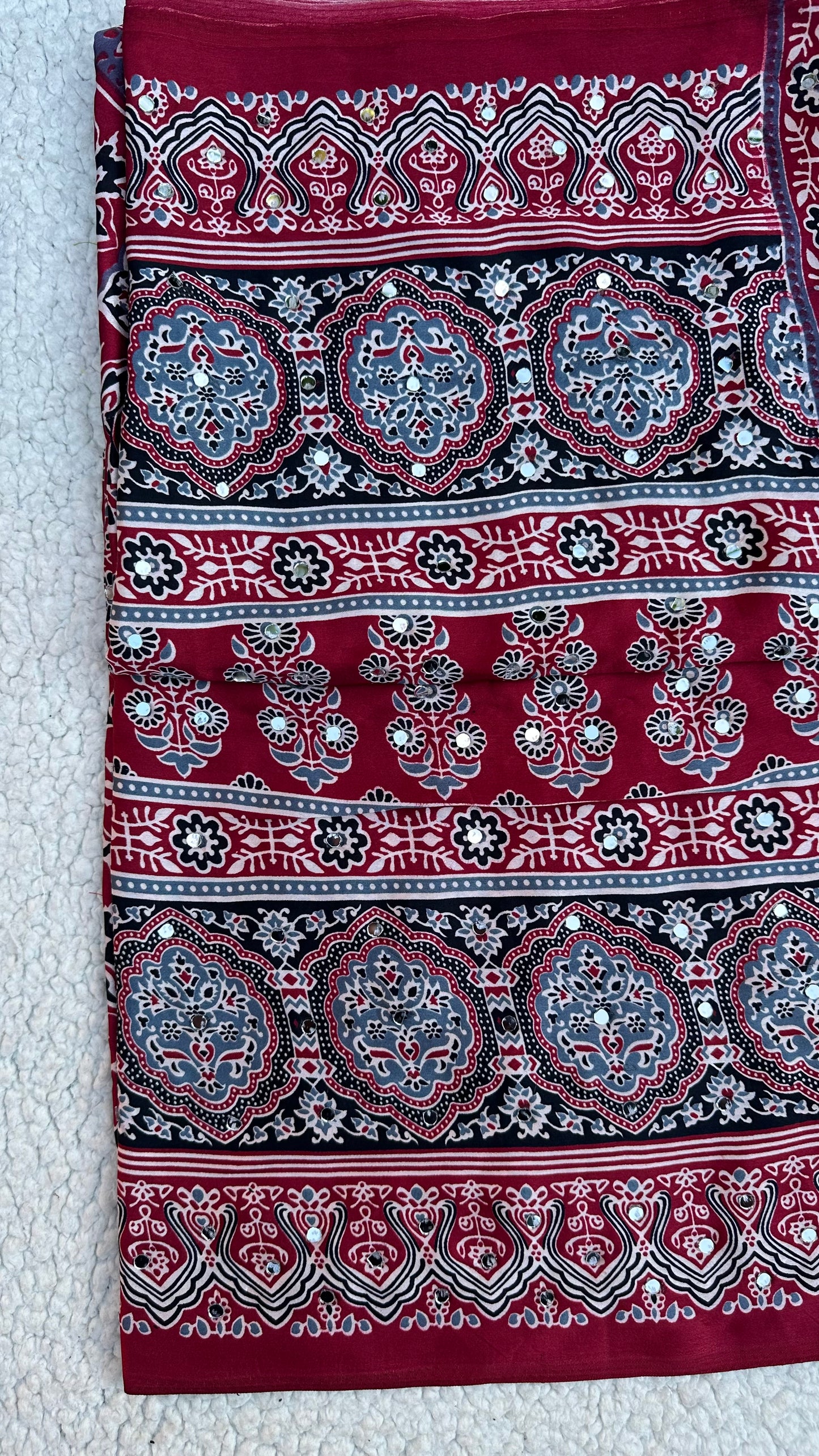 Maroon Modal Silk Saree with Ajrak Print & Mirror Work