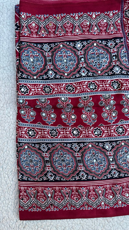 Maroon Modal Silk Saree with Ajrak Print & Mirror Work