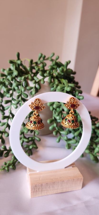 Antique Gold Lotus Jhumka Earrings – Kemp Stone Dome Earrings with Ruby & Emerald Accents