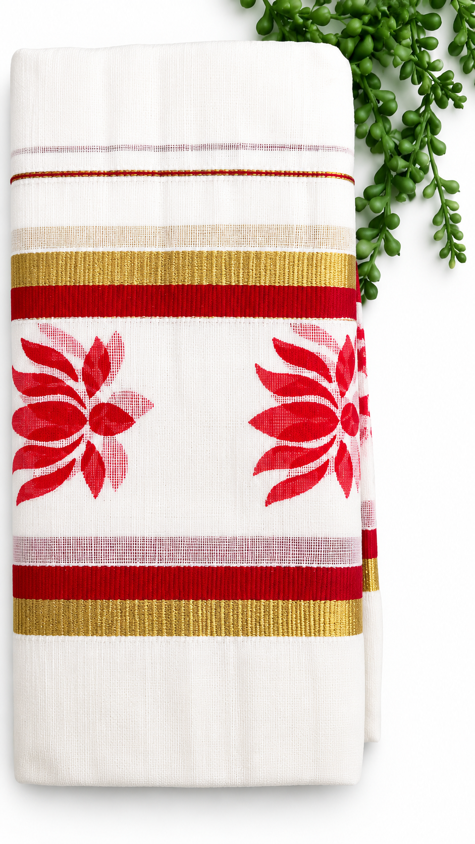 Kerala Cotton Set Mundu with Lotus Motif Border – Gold Kasavu Detail