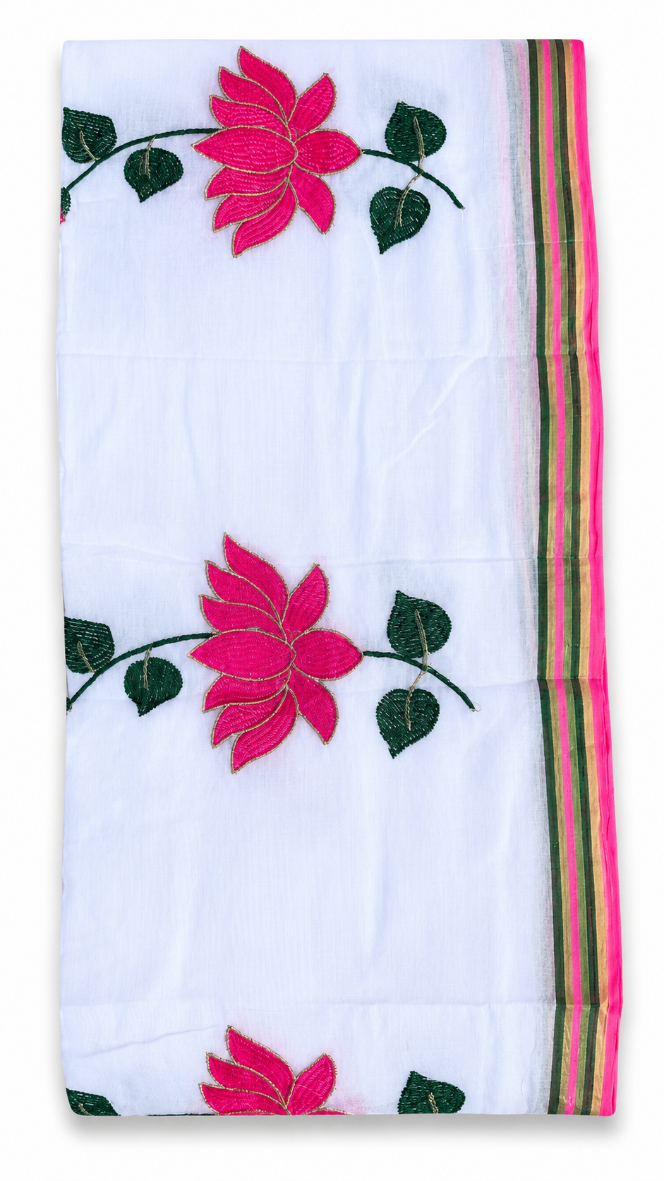 Mul Cotton 120 Count Saree with Embroidered Pink Lotus Motif – White Base with Striped Border and Tassels