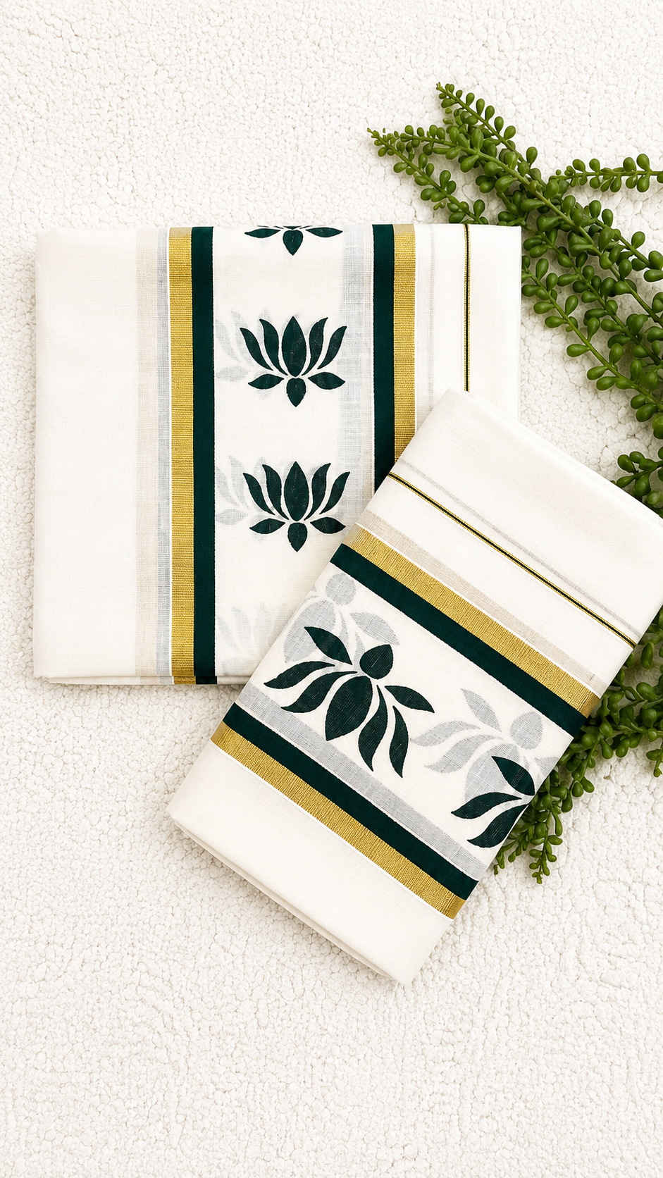 Kerala Cotton Set Mundu with Lotus Motif Border – Gold Kasavu Detail