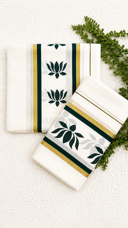 Kerala Cotton Set Mundu with Lotus Motif Border – Gold Kasavu Detail