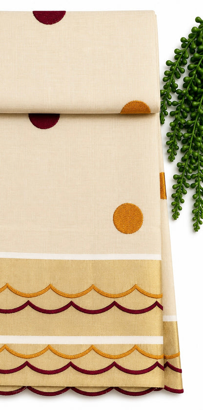 Tissue Silk Saree | Cream Saree with Embroidered Polka Dot Motifs & Scalloped Border | Mustard & Maroon Dot Embroidery Saree with Blouse Piece