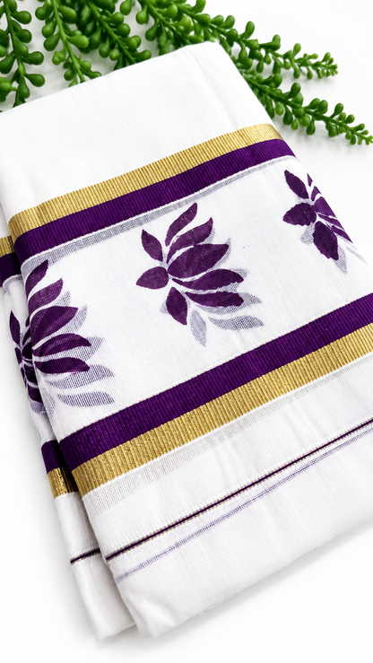 Kerala Cotton Set Mundu with Lotus Motif Border – Gold Kasavu Detail