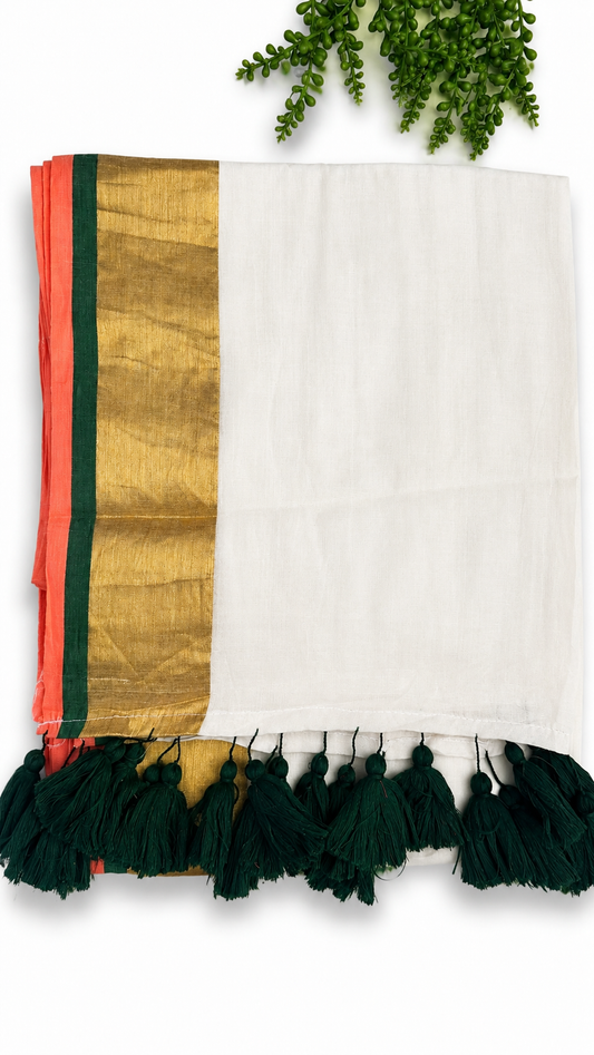 Mul Cotton 120 Count Saree – White with Gold Zari, Green & Coral Border | Traditional South Indian Saree with Green Tassels