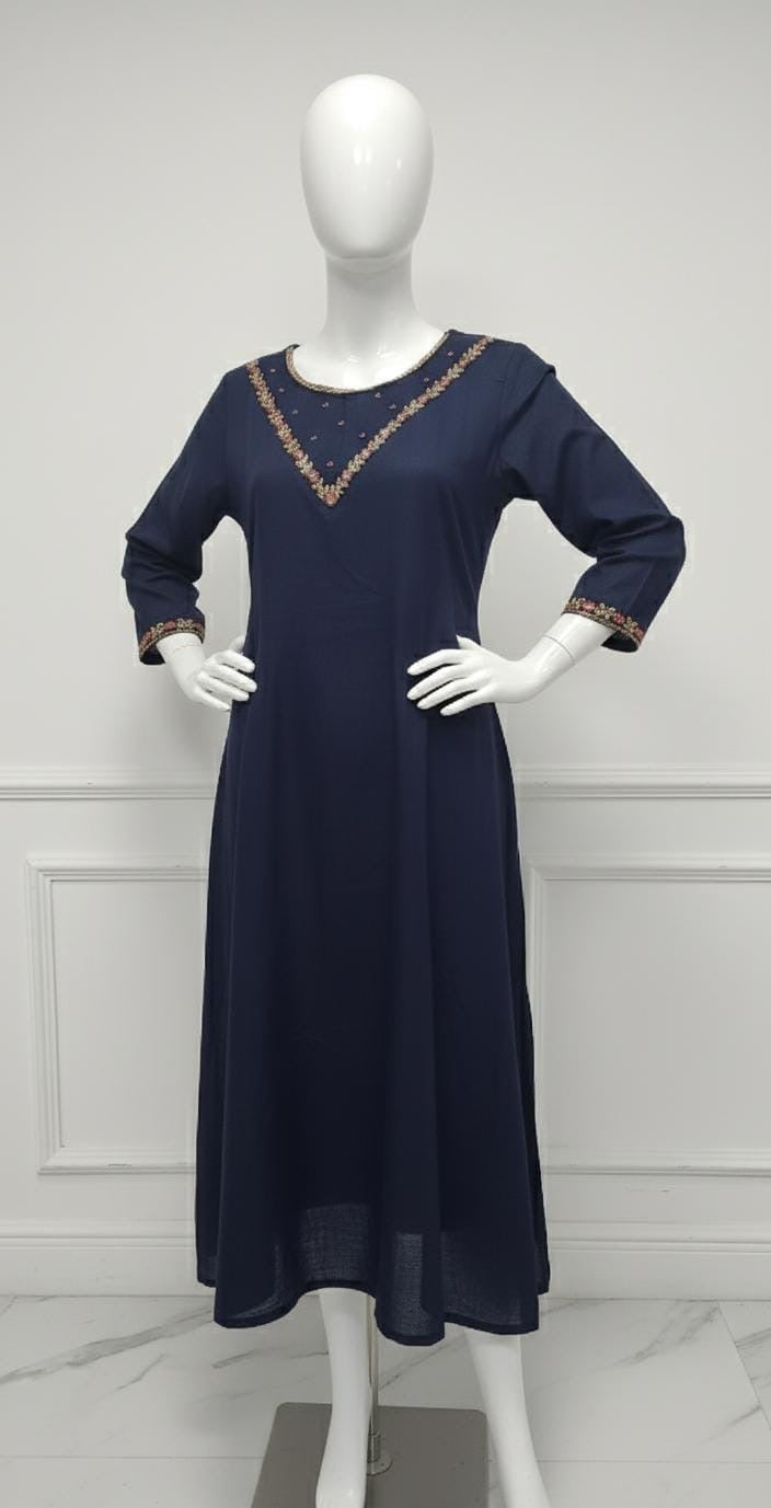 Navy blue silk embroidered dress with gold and red beadwork — elegant Christmas outfit for festive evenings.