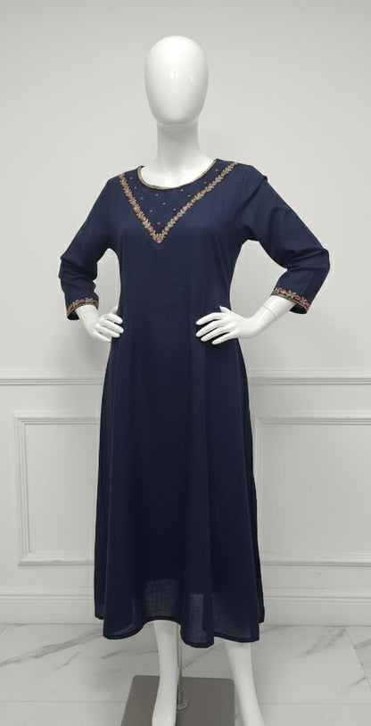 Navy blue silk embroidered dress with gold and red beadwork — elegant Christmas outfit for festive evenings.