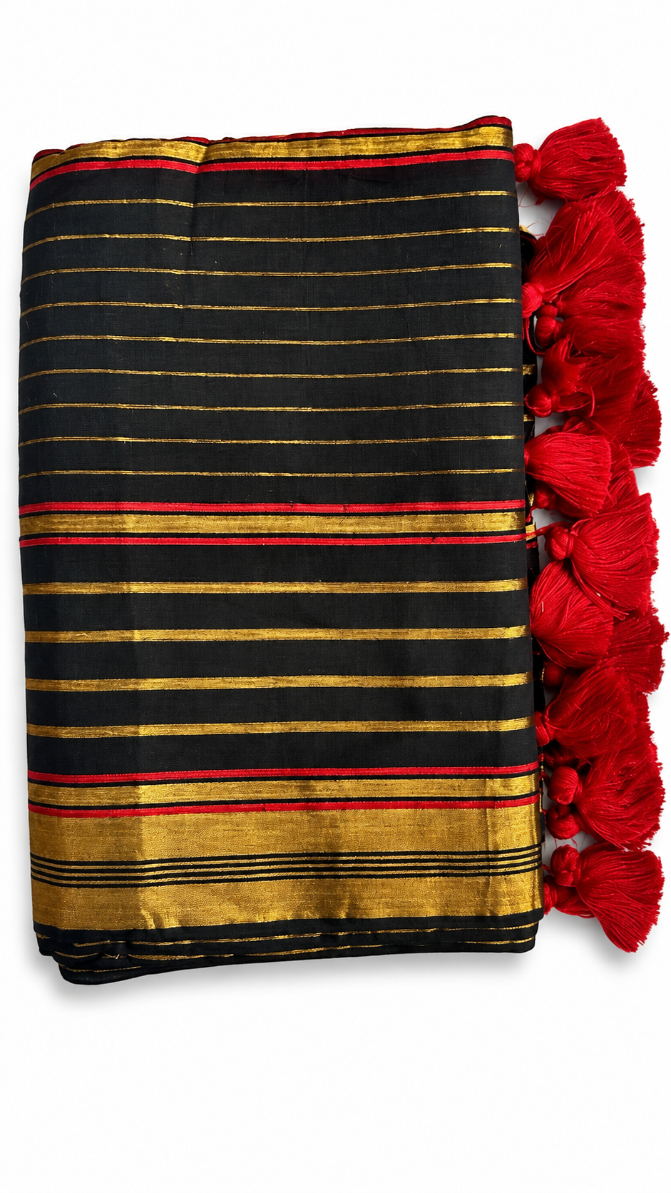 Mul Cotton 120 Count Saree – Black with Gold & Red Striped Border | Traditional South Indian Saree with Red Tassels