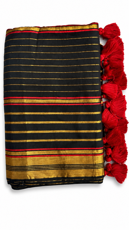 Mul Cotton 120 Count Saree – Black with Gold & Red Striped Border | Traditional South Indian Saree with Red Tassels