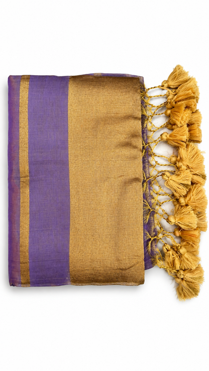 Lavender Purple Raga Tissue Saree with Golden Zari Border & Tassel Pallu