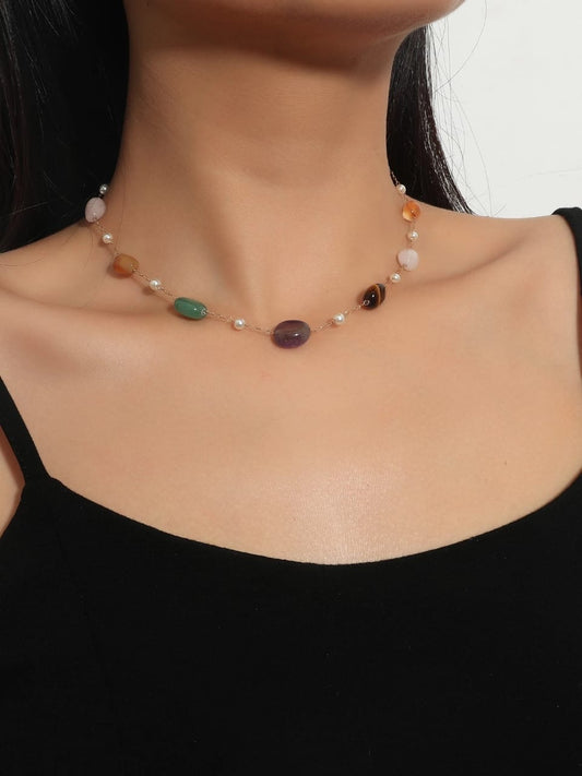 Multi-gemstone pearl station necklace featuring natural amethyst, aventurine, carnelian and tiger’s eye stones on gold chain - bohemian designer jewellery UK