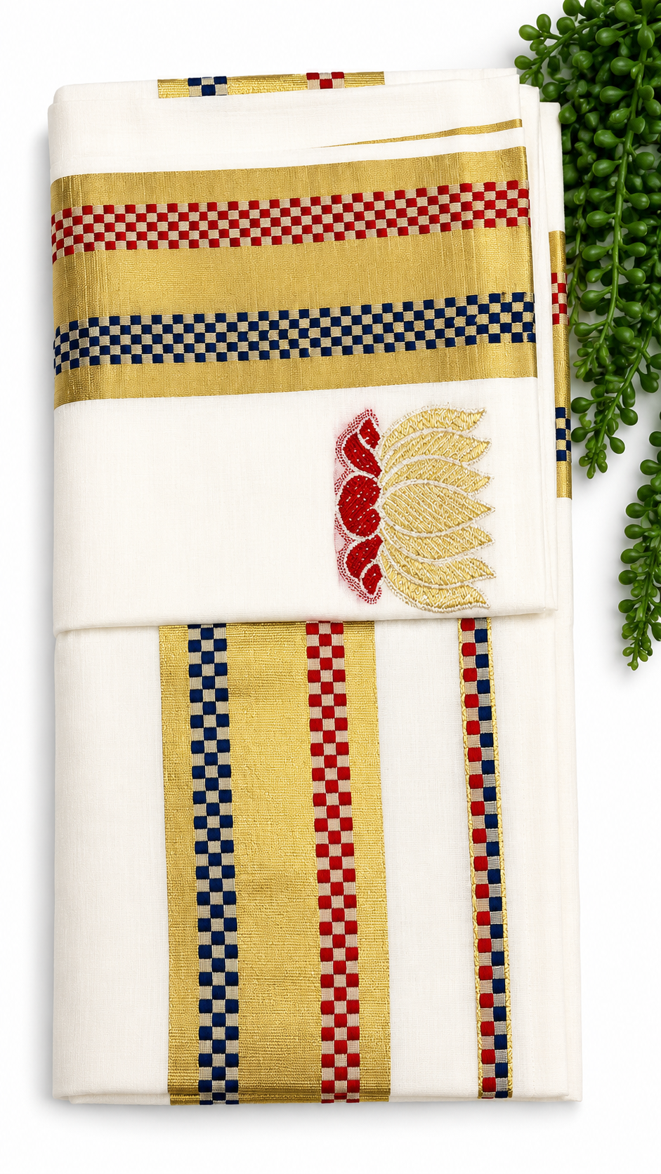 Kerala Cotton Set Saree | White Saree with Embroidered Gold & Dark Blue Lotus Motif | Woven Checkerboard Gold Zari Border