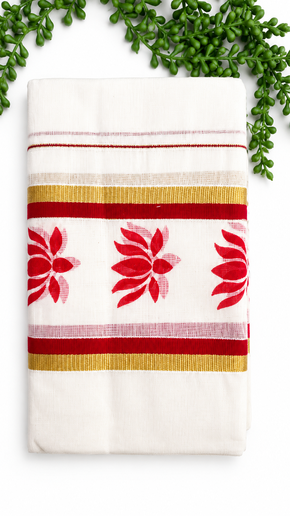 Kerala Cotton Set Mundu with Lotus Motif Border – Gold Kasavu Detail