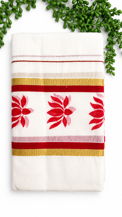Kerala Cotton Set Mundu with Lotus Motif Border – Gold Kasavu Detail