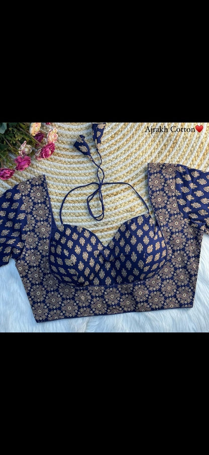 2-Tone Ajrakh Cotton Padded Blouse – Masaba Style Print with Halter Tie-Back