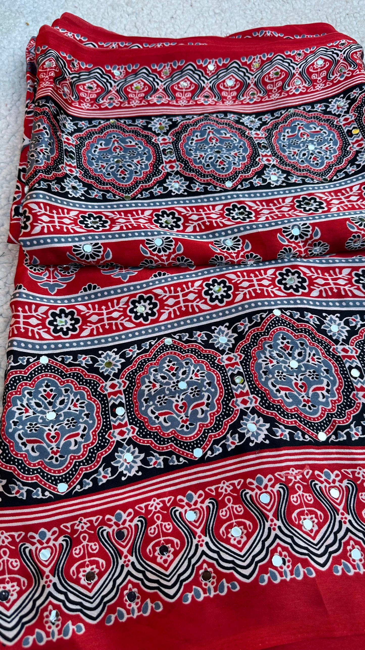 Modal Silk Ajrak Printed Saree with Mirror Work in Red