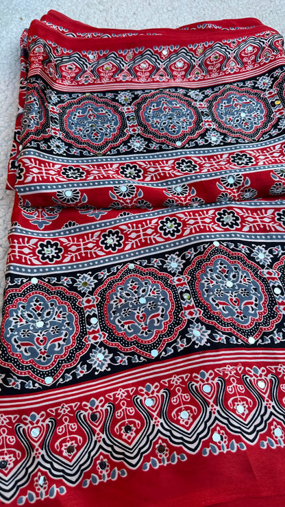 Modal Silk Ajrak Printed Saree with Mirror Work in Red