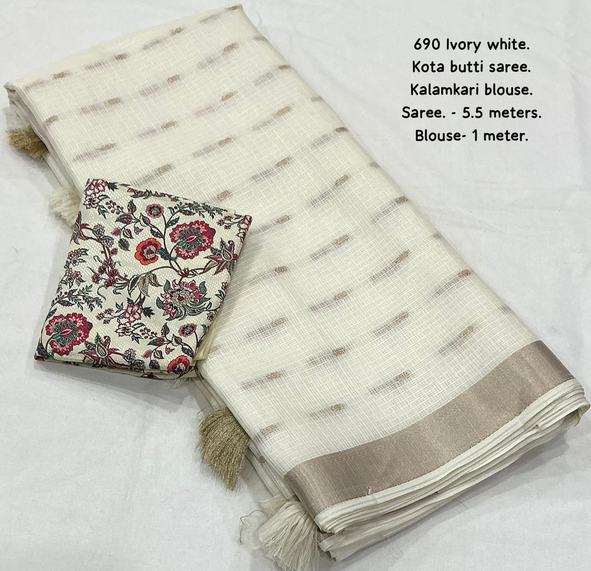 Ivory White Kota Zari Butti Saree with Kalamkari Blouse
