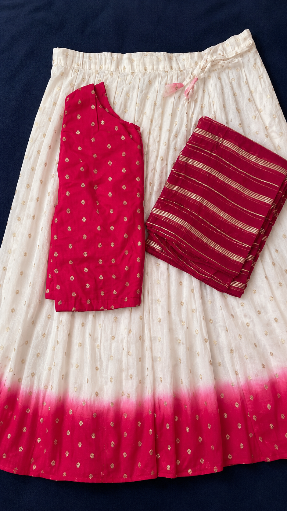 Off-White & Pink Dhavani Set – Chanderi Skirt with Lurex Dupatta & Vichithra Silk Blouse