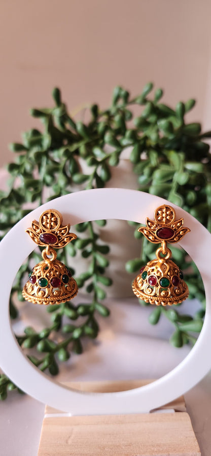 Antique Gold Lotus Jhumka Earrings – Kemp Stone Dome Earrings with Ruby & Emerald Accents