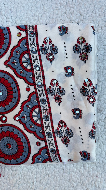 Modal Silk Ajrak Printed Saree with Mirror Work in White