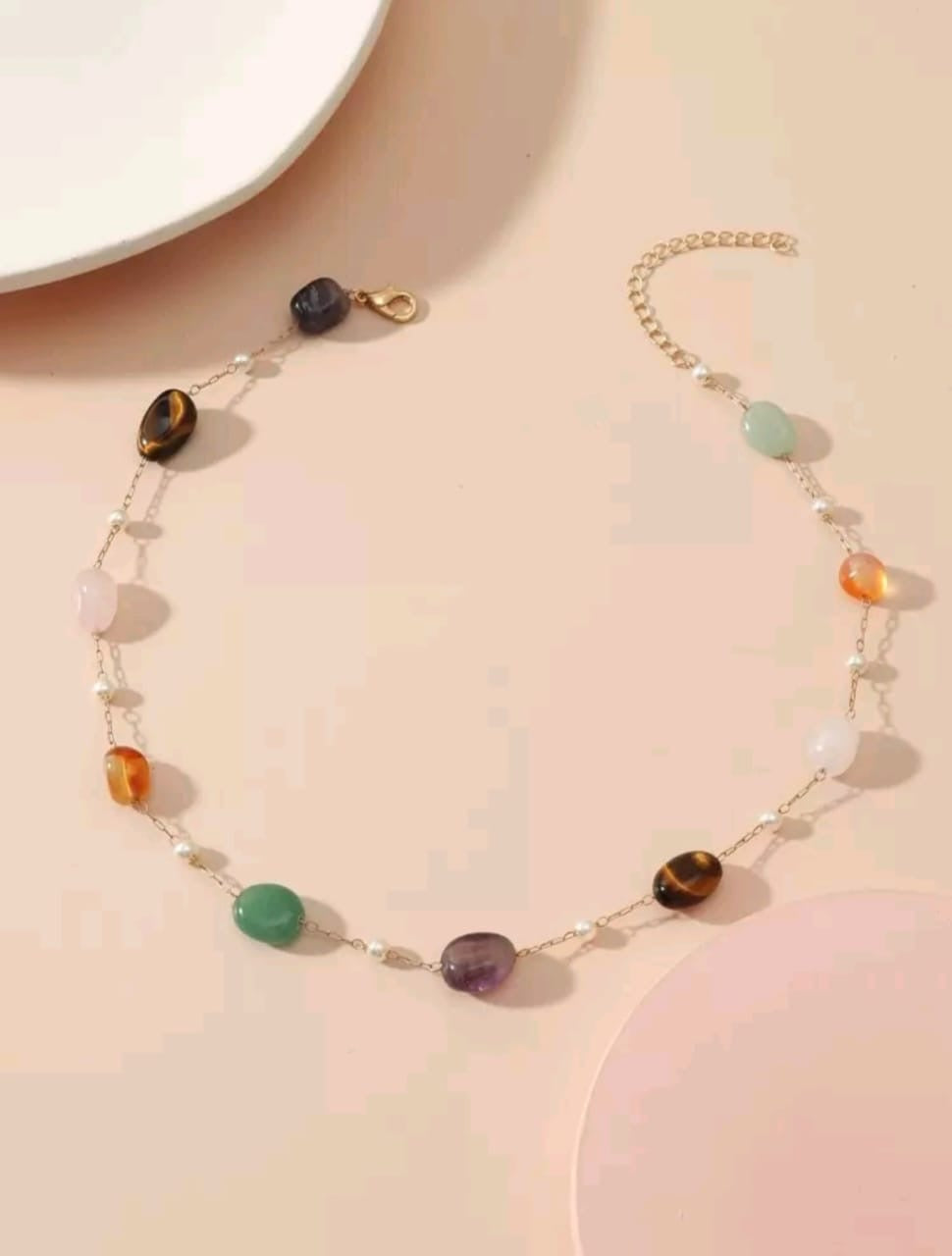 Multi-gemstone pearl station necklace featuring natural amethyst, aventurine, carnelian and tiger’s eye stones on gold chain - bohemian designer jewellery UK