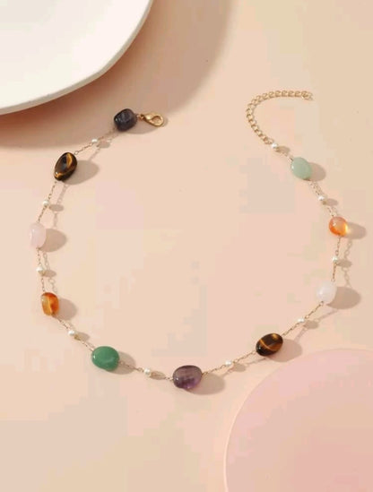 Multi-gemstone pearl station necklace featuring natural amethyst, aventurine, carnelian and tiger’s eye stones on gold chain - bohemian designer jewellery UK