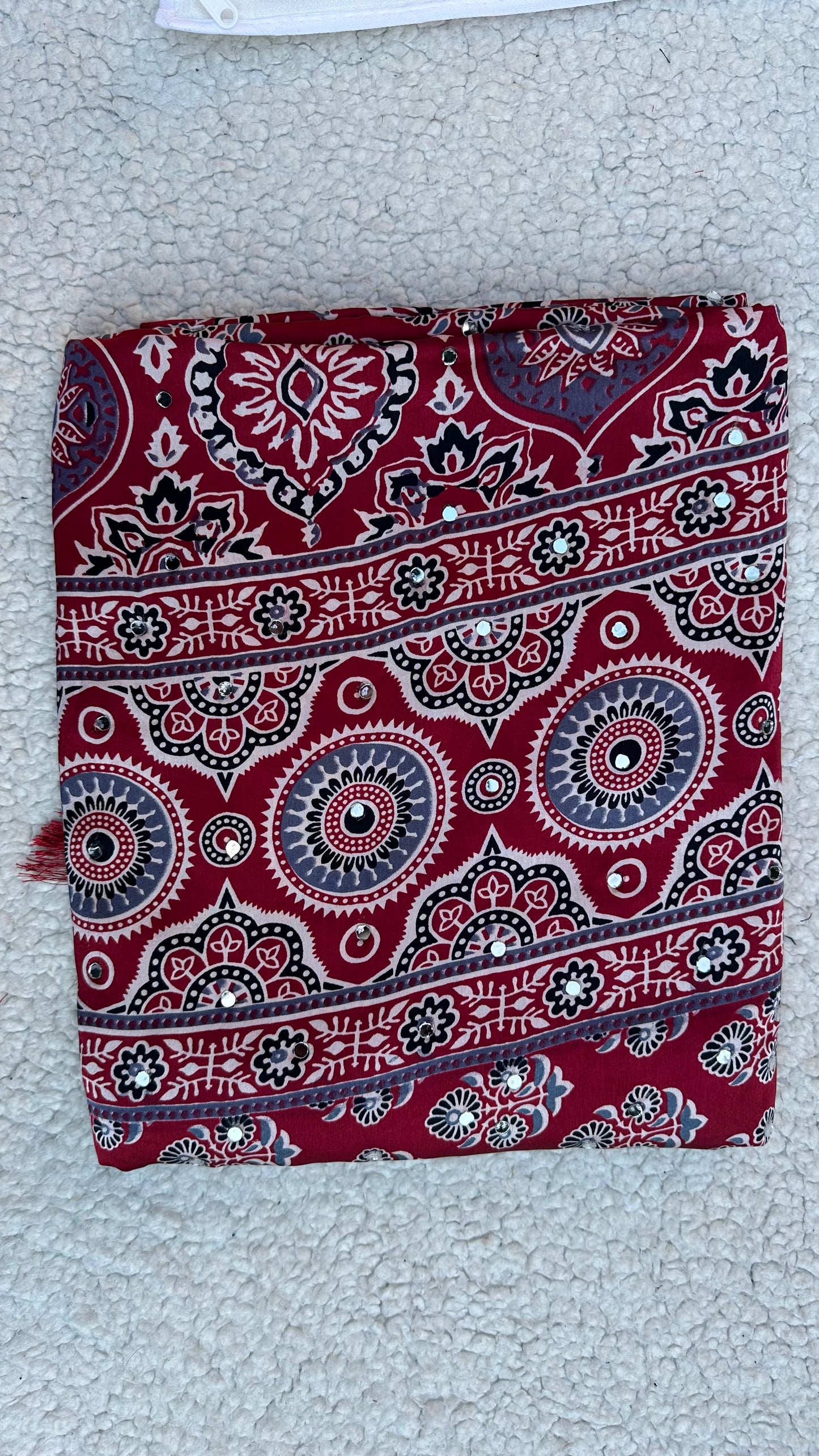 Maroon Modal Silk Saree with Ajrak Print & Mirror Work