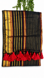 Mul Cotton 120 Count Saree – Black with Gold & Red Striped Border | Traditional South Indian Saree with Red Tassels