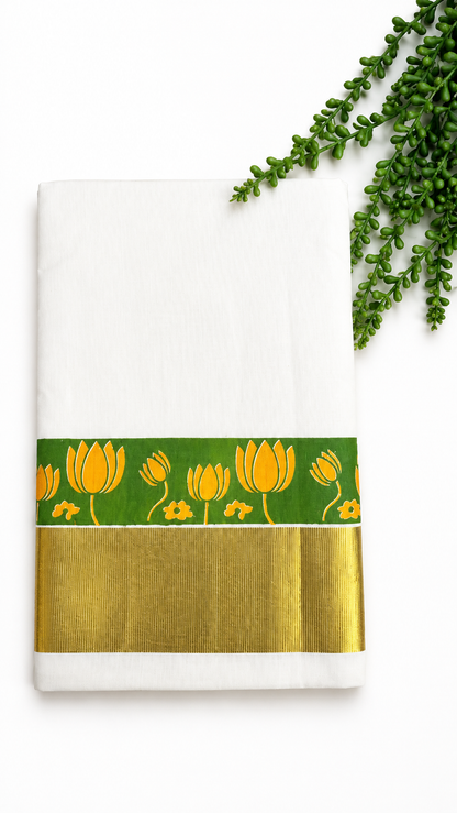 Kerala Cotton Set Saree | Onam Special White Cotton Saree with Green Lotus Motif & Gold Kasavu Border | Traditional Festive Saree