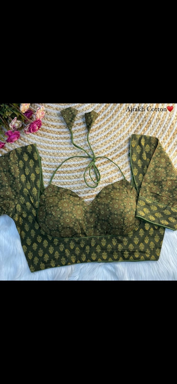 2-Tone Ajrakh Cotton Padded Blouse – Masaba Style Print with Halter Tie-Back
