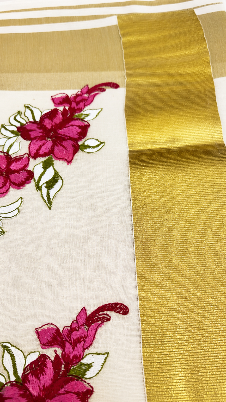 Cotton Saree with Pink Floral Embroidery & Gold Border | Kerala Style Festive Wear
