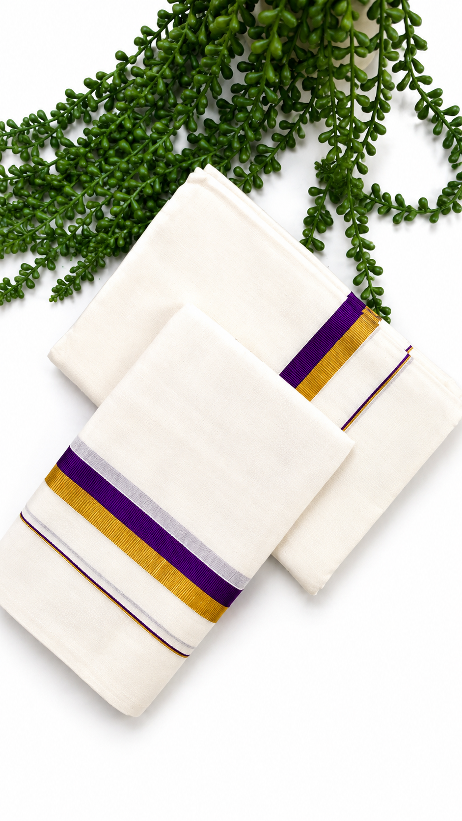 Kerala Set Mundu | Cotton 2-Piece Mundum Neriyathum with Gold Zari & Contrast Colour Border