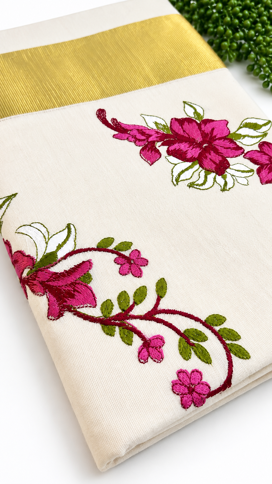 Cotton Saree with Pink Floral Embroidery & Gold Border | Kerala Style Festive Wear