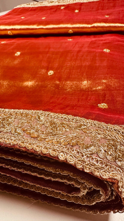 Luxurious Tissue Silk Saree with Heavy Gold Embroidered Border - Traditional Indian Wedding Saree