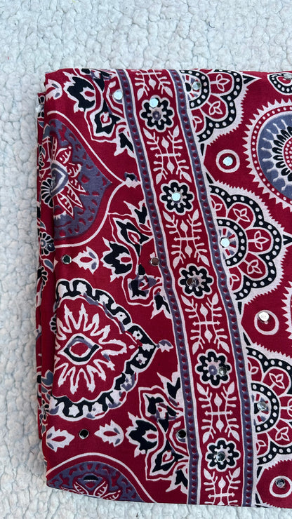 Maroon Modal Silk Saree with Ajrak Print & Mirror Work