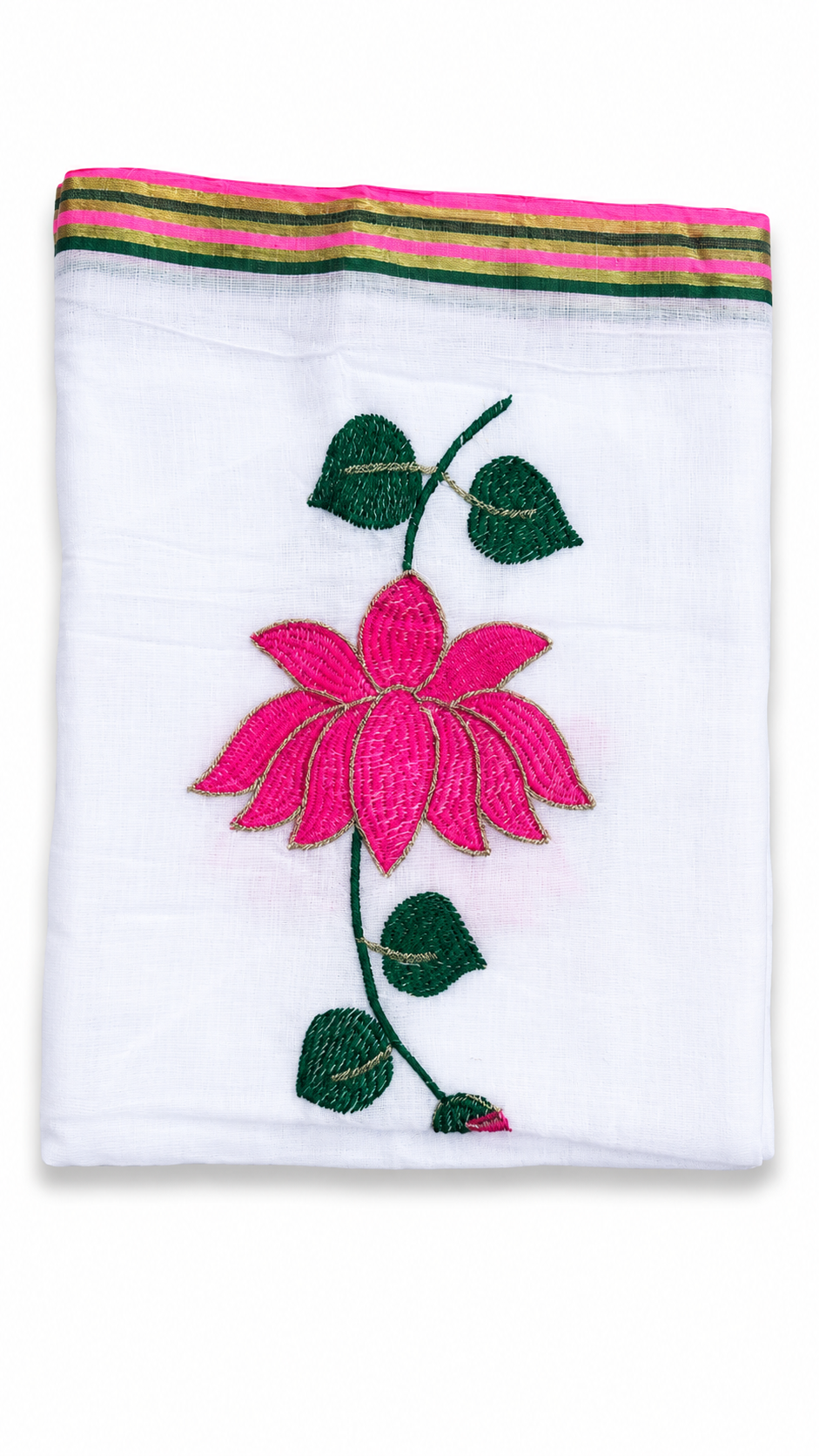 Mul Cotton 120 Count Saree with Embroidered Pink Lotus Motif – White Base with Striped Border and Tassels